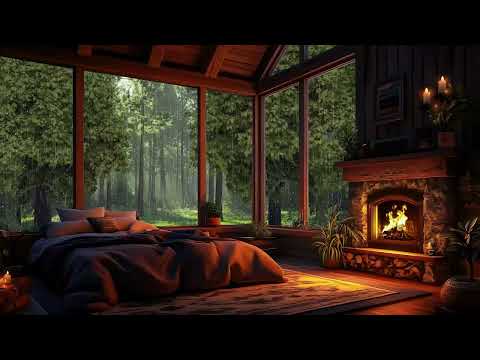 Cozy Cabin with Crackling Fireplace and Rain On Window Sound, Smooth Jazz Help You Sleep Well 🌧