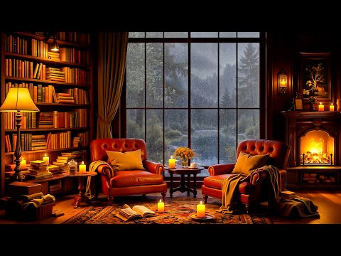 Cozy Reading Nook Ambience on Rainy Day 🌧️ Soft Jazz, Crackling Fireplace & Rain Sounds for Relaxing