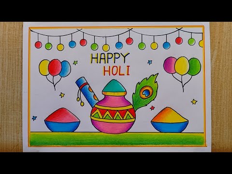 Holi drawing easy| Happy Holi poster drawing| Holi festival drawing| Holi special Card drawing