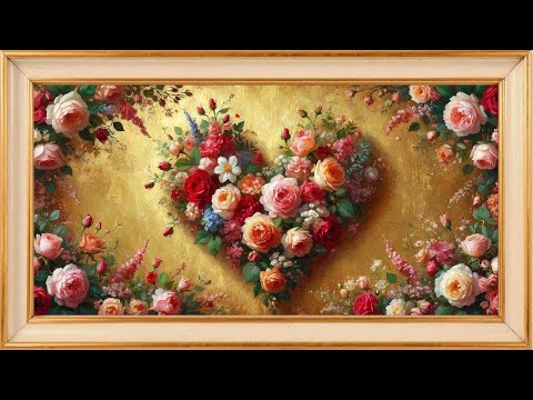 Vintage Valentine Floral Heart | Rose Frame TV Art | 4K Painting Screensaver with Gold Accents