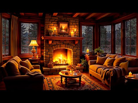 ⛈ Cozy Room Ambience with Relaxing Jazz Music, Crackling Fireplace & Rain Sounds for Stress Relief