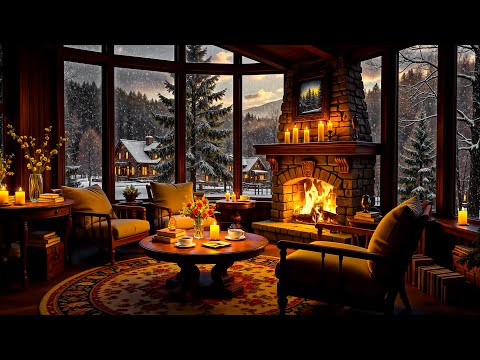 ❄ Cozy Winter Cabin Ambience with Soft Jazz, Fireplace Sounds & Snowfall for Stress Relief, Relax