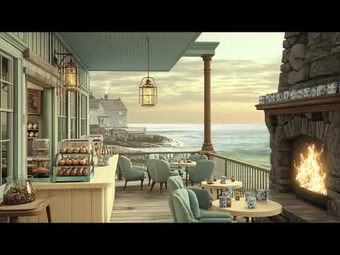 Cozy Oceanfront  Ambience | ASMR Fireplace Cafe Sounds & Relaxing Waves ASMR for focus & relaxation