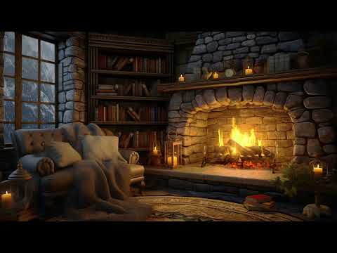 Cozy Reading Ambience with Smooth Jazz 📕 Snowfall, Fireplace Sounds for Sleeping 🔥