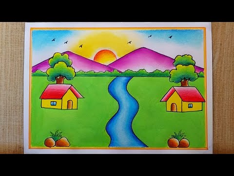 Very easy Scenery drawing| Village Scenery drawing| Beautiful Landscapes Scenery drawing