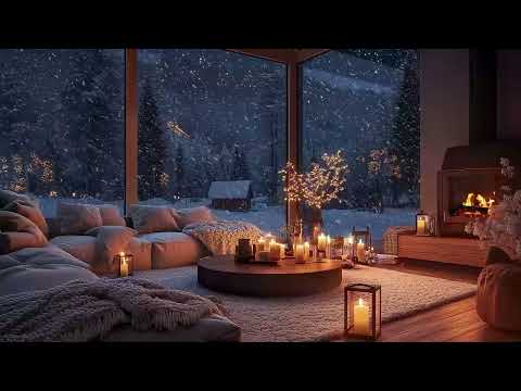 Warm Winter Cabin: Snowfall, Soothing Jazz & Fireplace Crackles for Unwinding ❄️