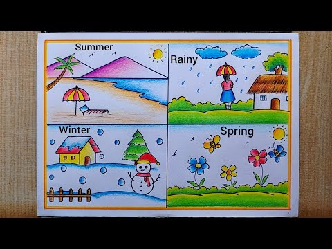 Four different type season drawing| Summer,Winter,Rainy,Spring Seasons drawing| Season types drawing