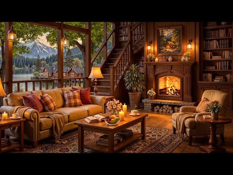 Warm Spring Ambience 🍃 Relaxing Jazz & Crackling Fireplace for a Cozy Reading Nook Retreat