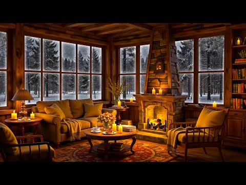 Relaxing Jazz in Cozy Winter Room Ambience ❄🔥 Snowfall, Wind & Fireplace Sounds for Study, Sleep