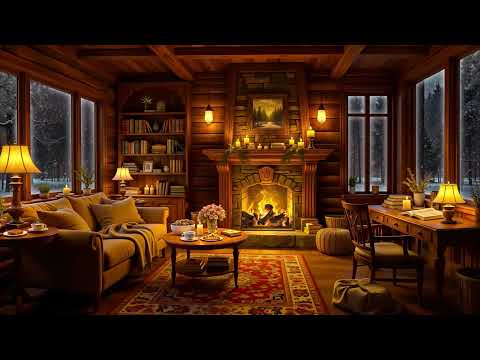 ❄ Winter Night in Cozy Cabin Ambience with Smooth Jazz, Howling Wind & Crackling Fireplace for Sleep