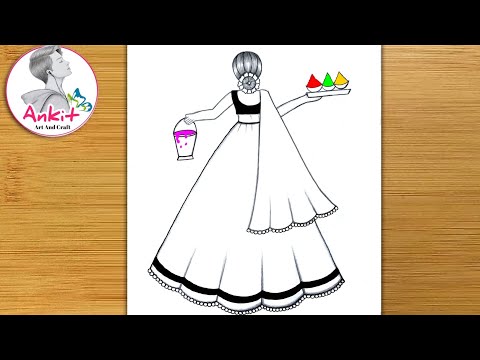 Holi Drawing | pencil Drawing | Very Easy Holi Drawing | How to Draw traditional girl drawing