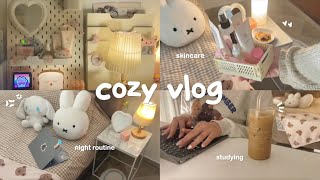 cozy study vlog 🤎 pulling an all nighter, cooking ramen, cute & cozy night routine, skincare routine