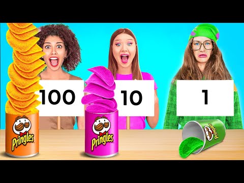 100 LAYERS OF FOOD CHALLENGE! Giant vs Tiny Food for 24 hours by 123 GO!