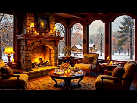 Winter Day in Cozy Cabin Ambience ASMR ❄️ Smooth Jazz, Snowfall & Crackling Fireplace for Relaxation