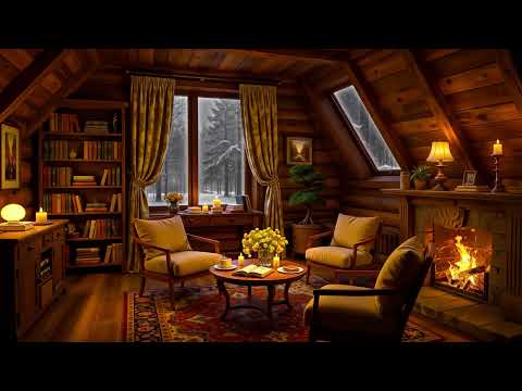 Relax in Cozy Winter Hut Ambience 🔥 Smooth Jazz, Snowstorm, Crackling Fireplace & White Noise