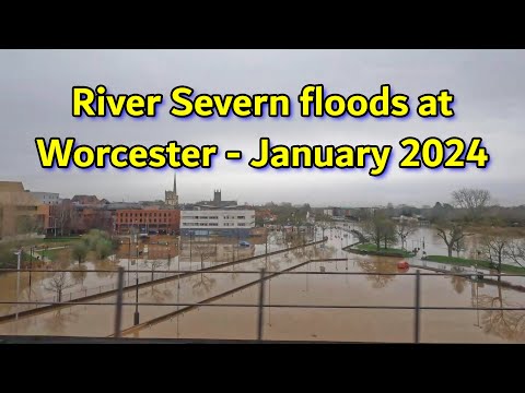 River Severn floods and covers canal at Worcester, January 2024