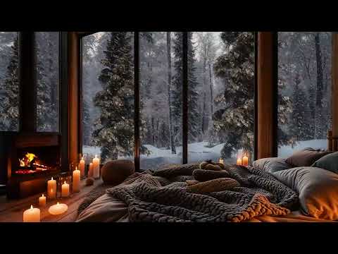 Serene Winter Cabin ❄️ Snowfall, Fireplace Sounds, and Smooth Jazz for Relaxing