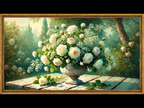 Vintage White Roses Painting | Spring TV Art Wallpaper | Gold Frame Screensaver | Elegant Wall Art