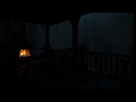 🏡Cozy Balcony Sanctuary | Gentle Rain, Thunderstorms & Warm Fireplace Glow for Relaxation & Sleep🔥⚡