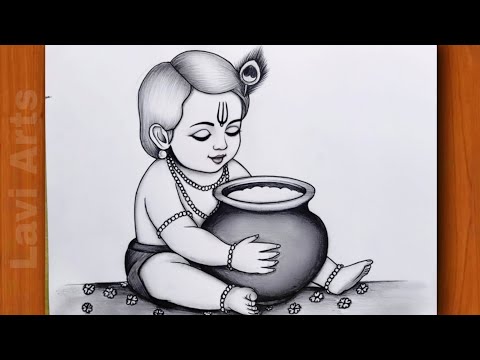 Krishna Drawing -Easy Step by step with Pencil | Krishna drawing pictures | Chitra | buttor pot