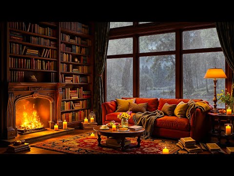 Rainy Day in Cozy Reading Nook ~ Relaxing Jazz Music 🌧️ Heavy Rain & Fireplace Sounds for Sleeping