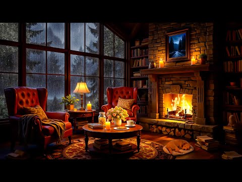 Soft Jazz Music in Cozy Cabin Ambience ⛈ Rain & Fireplace Sounds for Sleeping, Reading, Relaxation