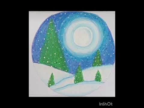 winter moonlight scenery | #oilpastel #moonlightscenery #winterdrawing #howtodraweasy