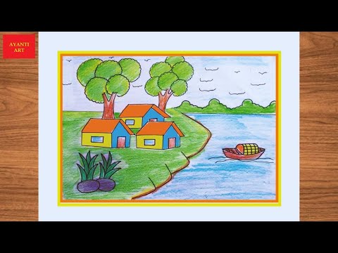 How to draw Scenery easy step by step || Scenery drawing in a landscape || sunset scenery drawing ||