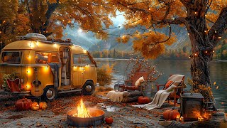 Soft Jazz Guitar Music 🍂 Autumn Lakeside Ambience ~ Warm Jazz Music & Falling Autumn Leaves