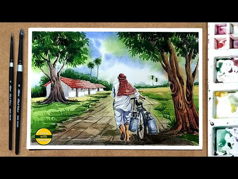 Village Scenery Painting tutorial in Hindi / Watercolor  painting for beginners