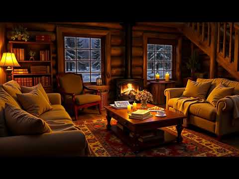 Winter Night in Cozy Cabin Ambience ❄ Soft Jazz, Blizzard, Howling Wind & Fireplace Sounds for Sleep