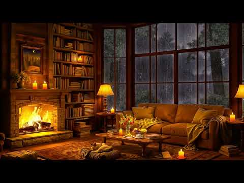 Cozy Reading Nook Ambience ⛈️ Relaxing Jazz Music 🔥 Gentle Night Rain, Fireplace Sounds for Sleeping