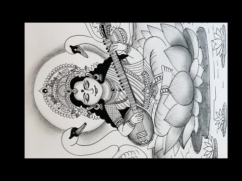 Basant Panchami special Drawing of maa saraswati/  maa saraswati drawing using black gel pen