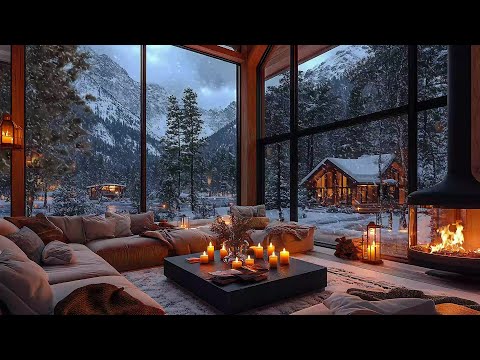 Jazz Relaxing Music at Cozy Cabin Ambience to Study ❄️ Snowfall, Fireplace Sounds for Sleeping 🔥