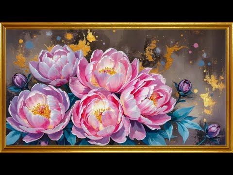 Glowing Pink Peonies Painting | Gold Frame TV Art | Vintage Floral Painting Screensaver | 4K 2Hrs