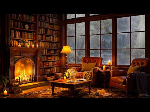 Cozy Reading Nook Ambience ⛈️ Soft Jazz, Heavy Rain & Crackling Fireplace Sounds for Relax, Sleep