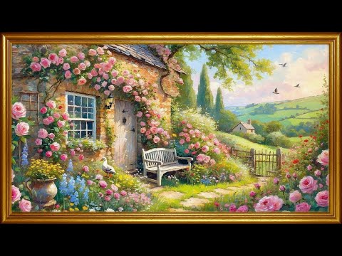 Vintage Cottage Country Garden Painting | Gold Framed TV Art | 4K Floral Art Screensaver | 2Hrs