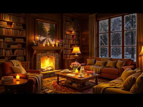 Cozy Winter Reading Nook Ambience ❄ Relaxing Jazz, Snowfall, Wind & Fireplace Sounds to Study, Sleep