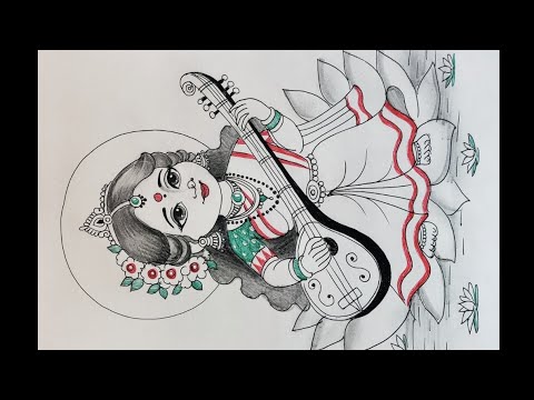 Basant panchmi/Saraswati Puja special Drawing of Goddes Saraswati/How to draw Maa saraswati drawing