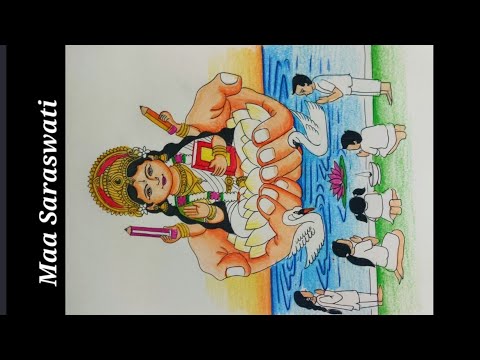 How to draw a beautiful Poster for Basant panchmi/ Saraswati Puja special Drawing/ Maa saraswati