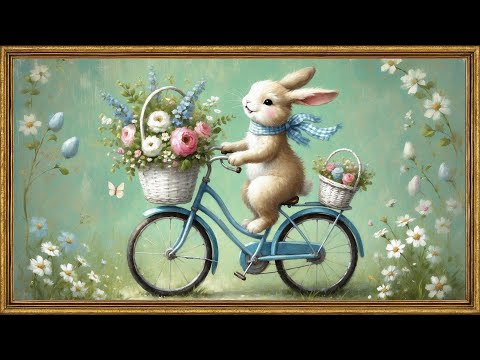 Easter Bunny On The Bike | 4K Gold Framed Easter Art Screensaver | Relaxing Spring Ambience | 2Hrs