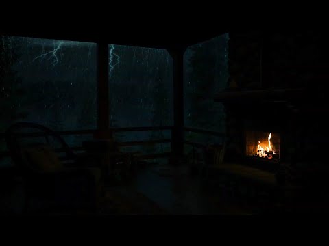 🔥 Stormy Cabin Porch | Cozy Fireplace, Heavy Rain & Distant Thunder Cracks 🌧️⚡