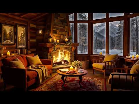 ❄️ Snowy Winter Day in Cozy Cabin Ambience with Smooth Jazz Music & Fireplace Sounds for Relaxation