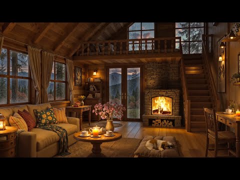 Soft Jazz Music & Fireplace Sounds in Cozy Reading Nook for Relaxation on a Rainy Day