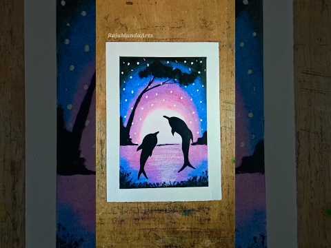 Dolphin night scenery drawing with  Oil Pastels #tutorial #youtubeshorts #shorts