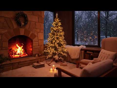 Cozy Cabin Ambience ❄️ Relaxing Winter Snowfall with Soft Jazz Music and Fireplace Sounds for Unwind