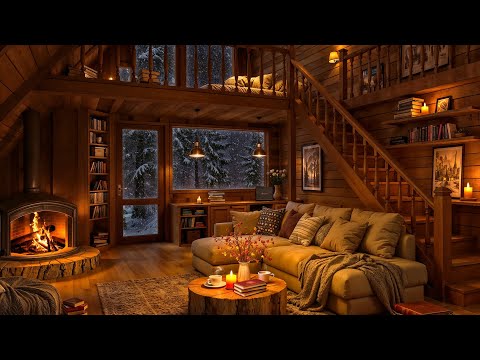 Cozy Winter Cabin Ambience - Relaxing Jazz Music & Crackling Fireplace for Stress Relief