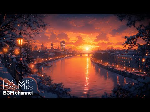 Winter Jazz Melody: Thames Riverside Sunset in Snow 🌅 Relaxing Piano Music