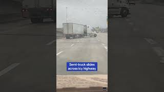 Semi-Truck SLIDES across multiple lanes and jackknifes on busy highway