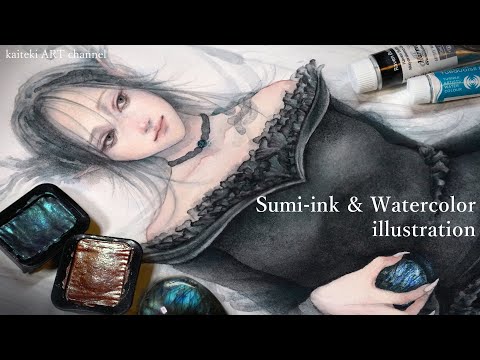 【水彩イラスト】キラキラ絵の具で龍の擬人化女の子描いてみた🐉Sumi-ink and Watercolor illustration Making, Dragon Lady, Eng sub